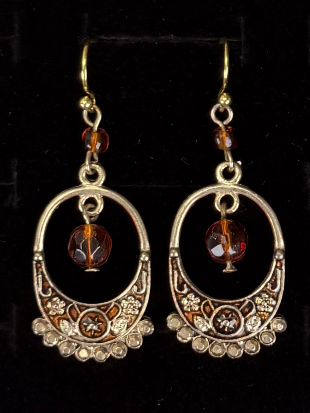Vintage aged, goldtone orange beaded bling pierced earrings